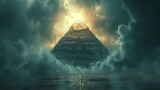 Fototapeta Na drzwi -   A pyramid emerges from clouds, its peak radiating bright light