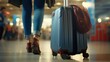 A young traveler walks with a blue hard shell suitcase through an airport corridor - a solo travel adventure.
