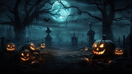 Wall Mural - A moonlit path decorated with jack-o-lanterns leading to a spooky cemetery: a spooky Halloween vibe.