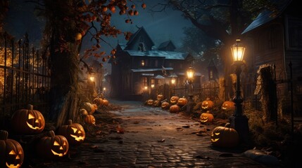 A spooky Halloween night in a rustic village where jack-o'-lanterns light the road, evoking folklore and mystery.