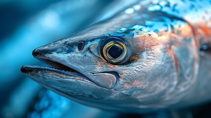 Canvas Print -   A tight shot of a fish with its mouth agape and widened eyes beneath the water surface