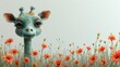   A tight shot of a giraffe in a blooming floral field Flowers dot the foreground, while a gray backdrop of cloud-filled sky looms overhead