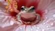   A tight shot of a frog perched on a flower, with dewdrops glistening on its petals Behind, a pink blossom blooms
