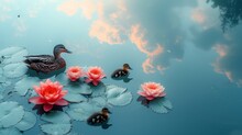   A Duck And Two Ducklings In A Pond Lily Pads Dot The Surface, And Water Lilies Bloom Beneath Clouds Paint The Sky In The Background