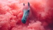   A horse emerges from a cloud of red and pink smoke, its head protruding from the top