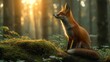   A red fox sits on a moss-covered log in a forest, sun shining through tree branches behind