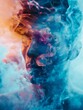 Man obscured by vibrant blue and red smoke - A stunning visual of a male figure’s silhouette becoming one with a vibrant dance of blue and red smoky tendrils