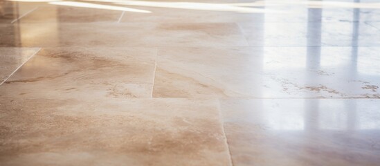 Poster - A close up of a hardwood floor with a window in the background, showing shades of brown and beige. The flooring is made of wood stain rectangles on plywood