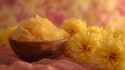 Sticker -   A wooden bowl brimming with yellow blooms atop a bed of pink-and-yellow fabric, alongside yellow flowers