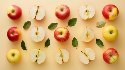 Poster - Paper card for Rosh Hashanah, Jewish New Year Autumn Holiday Concept. Apples, Honey, Traditional Products for Celebration on red yellow background. Generative ai