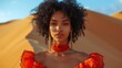 fashion portrait of an afro woman in red dress in the desert