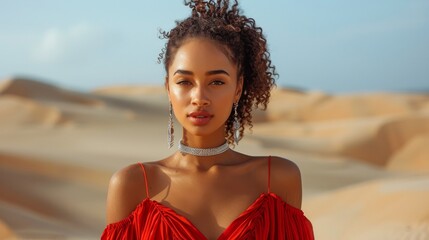 Wall Mural - an afro woman wearing a dress dress posing in the desert