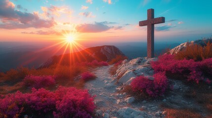 Wall Mural -   A cross atop a mountainside, sun sinking behind, pink flowers in foreground