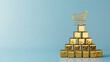 Gold bars in a pyramid arrangement with a shopping cart on top on blue background. Wealth growth and investment concept.