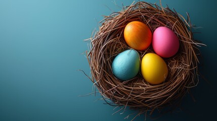 Sticker -   A collection of vibrant eggs in a nest against a blue backdrop, featuring a blue wall behind