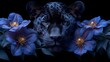   A tight shot of a leopard against a black backdrop, flowers with deep blue hues in the foreground