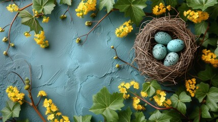 Sticker -   A bird's nest with three eggs, surrounded by yellow flowers and verdant leaves, against a blue backdrop