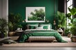 Modern bedroom with a king bed. Luxury bedroom with a green bed, plants, lamp, carpet, poster with jungle landscape with birds and animals.