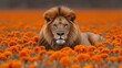   A lion gazing at the camera in a field of orange blooms