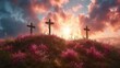  Three crosses atop a hill, surrounded by pink flowers in the foreground, and a cloud-filled sky in the background