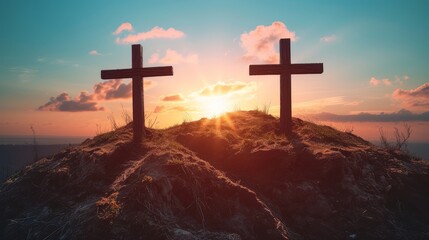 Wall Mural -   Two crosses atop a hill during sunset Clouds scatter the sky above