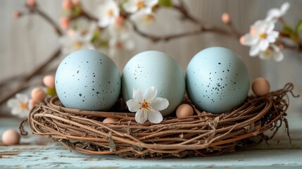 Sticker -   Three eggs, blue in color, sit in a nest A white flower rests beside the nest A branch bearing white blossoms lies beyond the nest on the other side