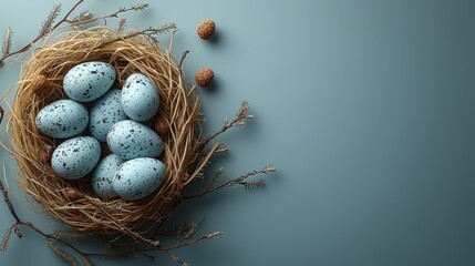 Sticker -   A nest brimming with blue-speckled eggs atop a dried grassy field, adjacent to an acorn