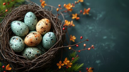 Sticker -   A bird's nest with speckled eggs atop an orange-yellow flowered branch