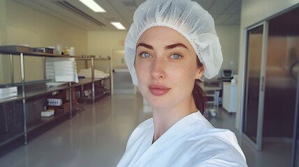 An attractive american nurse with blue eyes taking an amateur selfie in the break room