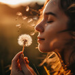 A girl blows on a dandelion, blowing the seeds in a spring breeze, a moment of hope and dreams