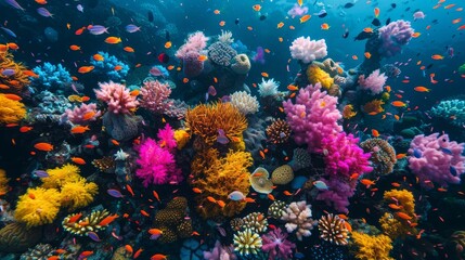 Wall Mural - A colorful coral reef with many fish and plants. The colors are bright and vibrant, creating a lively and energetic atmosphere
