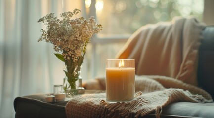 Wall Mural - Candle and flowers in a vase on a table near a sofa with a blanket against a window at home, a cozy living room interior