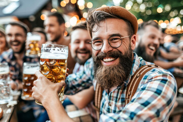 Group of happy friends drinking beer and having fun together at pub.
