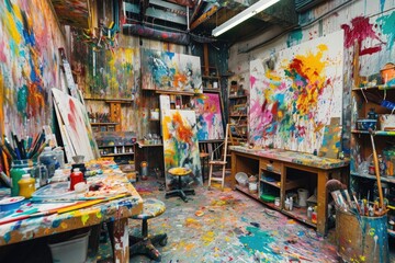 An artist's studio in full creative chaos, paint splattered everywhere, canvases in various stages of completion, vibrant colors clashing and blending. Resplendent.