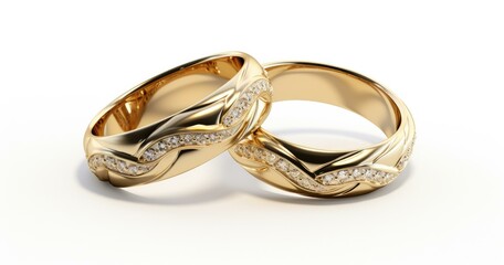 Poster - Two gold wedding rings with diamonds on a white background. Generative AI.