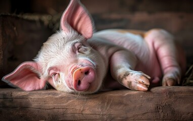 Poster - A pig sleeping on a wooden platform with hay in the background. Generative AI.