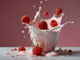 Fototapeta Do akwarium - Raspberries and strawberries in cream, splashes of milk
