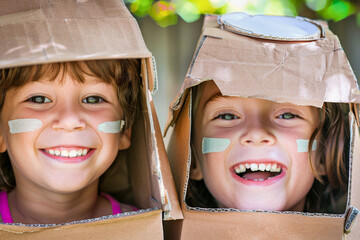 Wall Mural - Portrait of two little children in cardboard  aviator helmets smiling at camera
