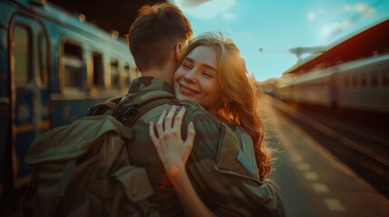 Wall Mural - Depressed woman hugging her husband embraces a military man before leaving on war