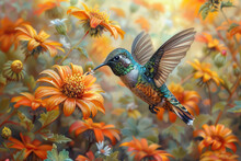 A Hummingbird Hovering Near Vibrant Pink And Orange Zinnias, With Its Iridescent Plumage Shimmering In The Sunlight. Created With Ai