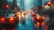 A blurry image of a city street with rain and cars. The rain is creating a blurry effect on the street, making it difficult to see the cars clearly. Scene is somewhat melancholic