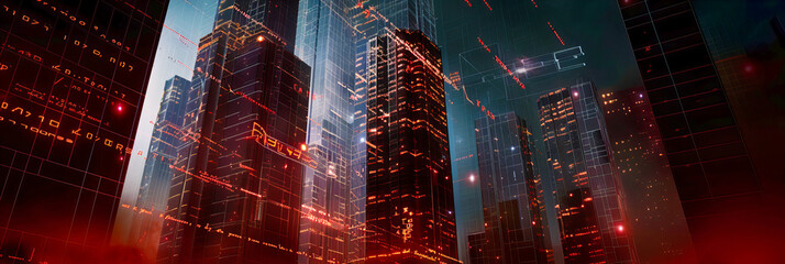 Wall Mural - urban pulse, a cityscape illuminated by the glow of technology and progress, a symbol of modern conn