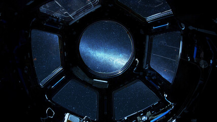 Fototapete - View of the starry space from the space station cabin. ISS windows