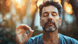 © Юлия Падина - A mature man practices meditation in the garden at sunset, connecting with nature and himself in peaceful solitude