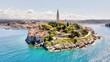 Drone shot of the beautiful Rovinj city surrounded with Adriatic Sea in Croatia