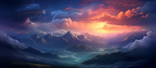 Sticker - The sun is shining through the clouds, creating a stunning natural landscape over the mountains as dusk settles in the horizon