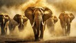 Elephants in the wild, dust at golden hour.