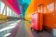 A modern rolling suitcase in a colorful hallway of a station