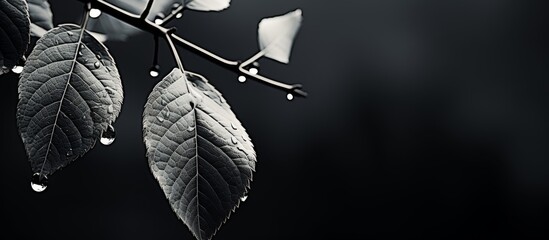 Poster - A monochrome photo capturing a twig with leaves, water drops and frost. The macro photography highlights the details of this terrestrial plant against a dark background