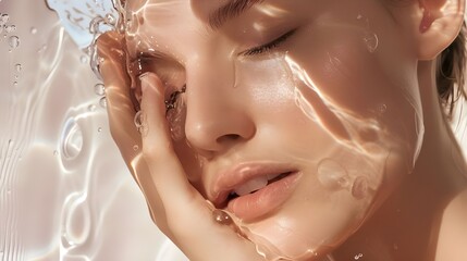 young woman with clean skin and splash of water. women for face wash product model, with hand on her